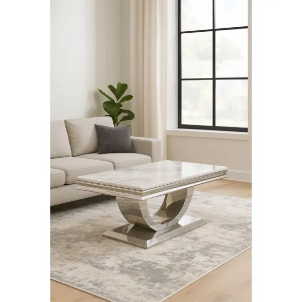 White Marble Effect Coffee Table with Chrome U Shape Pedestal Base