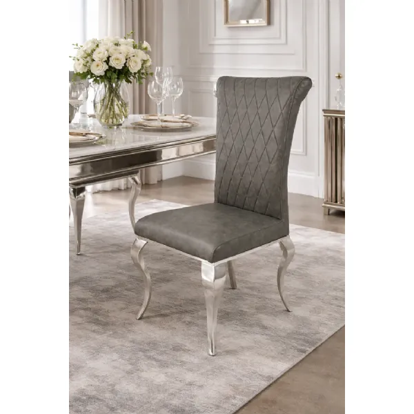 Modern Dark Grey PU Leather Dining Chair with Chrome Legs