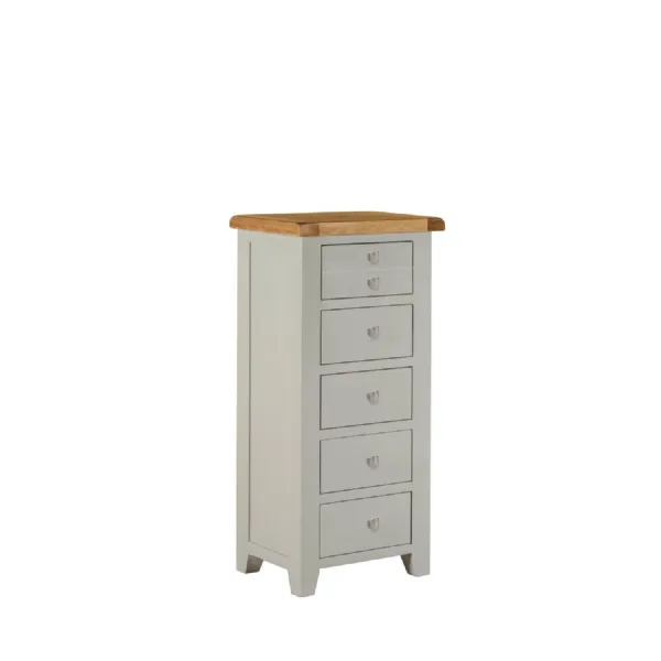 Modern Grey Painted Oak 5 Drawer Tall Chest with Natural Oak Top
