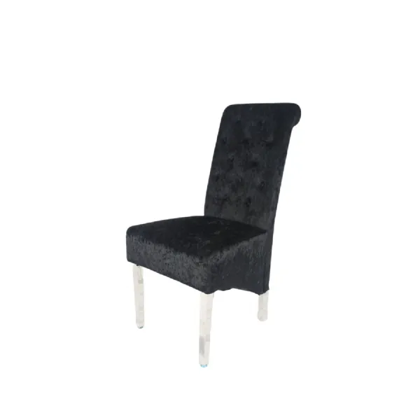 Luxury Crushed Black Velvet Dining Chair with Lion Knocker and Chrome Legs
