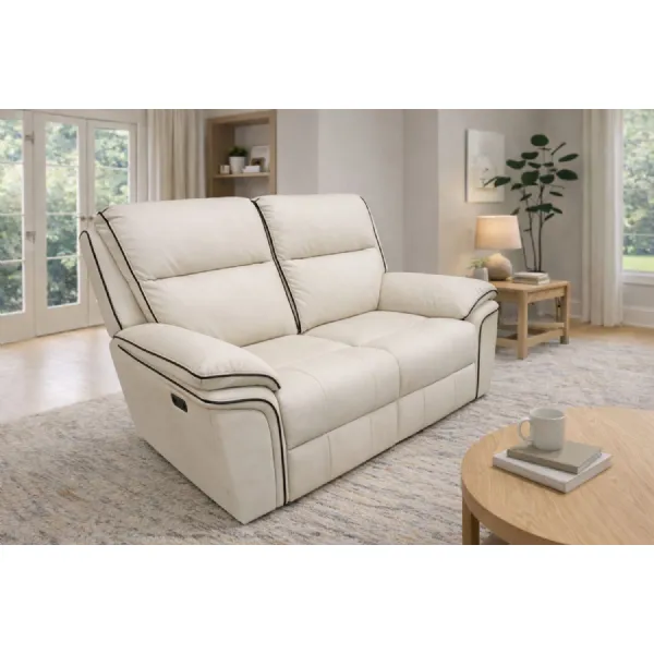 Modern Ivory Leather Upholstered 2 Seat Recliner Sofa