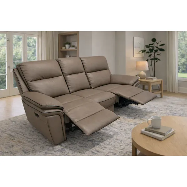 Modern Brown Leather Fabric Upholstery 3 Seater Recliner Sofa