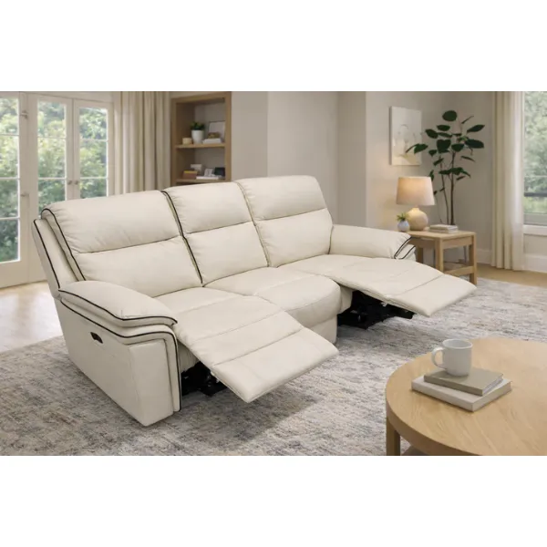 Modern Ivory Leather Fabric Upholstery 3 Seater Recliner Sofa