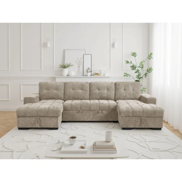 Beige Fabric Large U Shape Corner Chaise Sofa Bed