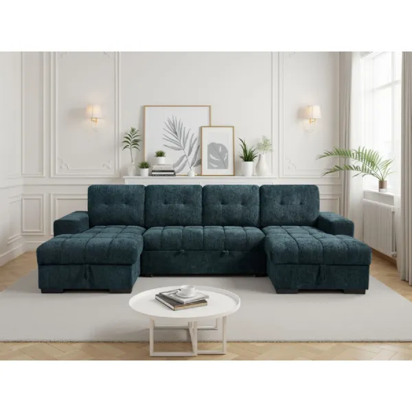 Teal Fabric Large U Shape Corner Chaise Sofa Bed