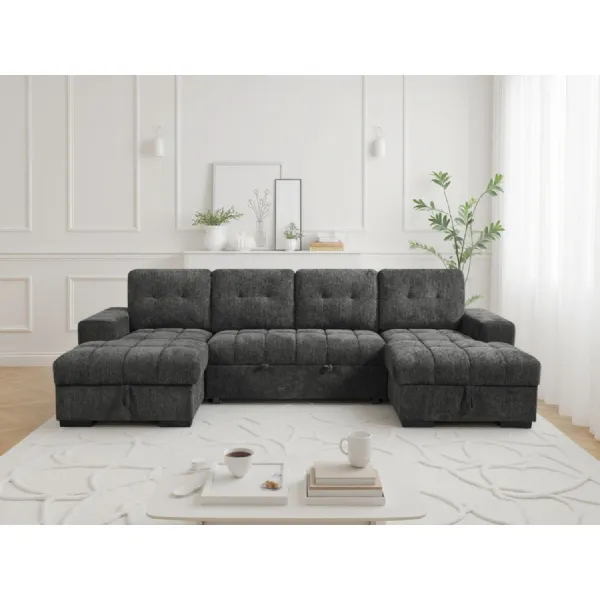 Grey Fabric Large U Shape Corner Chaise Sofa Bed