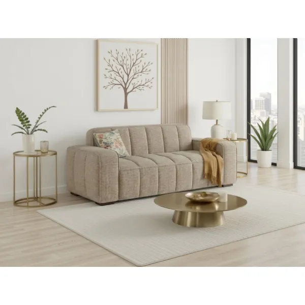 Beige Fabric Upholstered 3 Seater Standard Back Sofa
