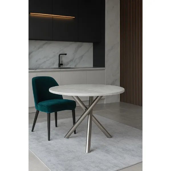 White Marble Effect 1m Round Dining Table with Chrome Twisted Pedestal Base