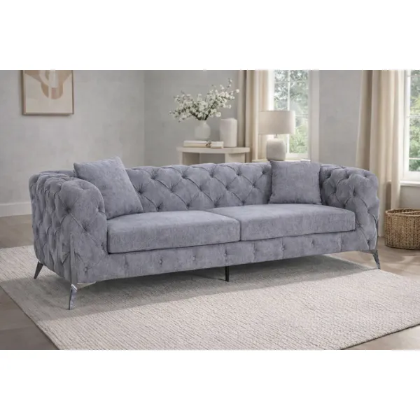 Modern Grey Fabric Chesterfield 3 Seater Sofa with Chrome Accent Legs
