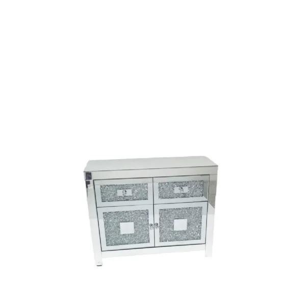 Silver Mirrored 2 Door 2 Drawer Small Sideboard with Crystal Effect Panels