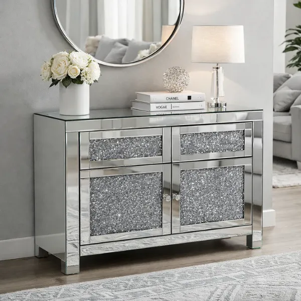 Silver Mirrored Crystal Effect 2 Door 2 Drawer Small Sideboard