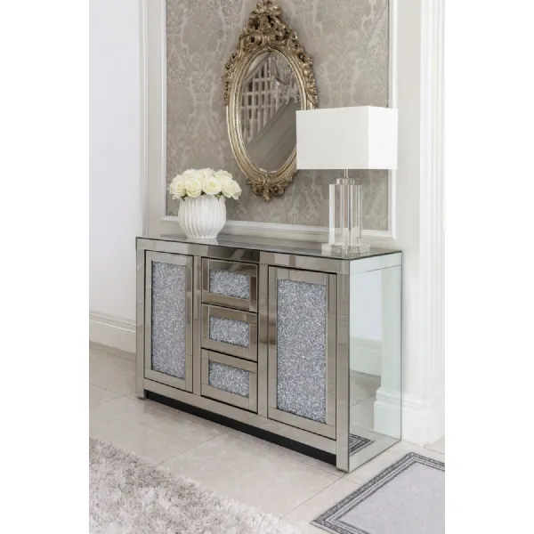 Silver Mirrored Crystal Effect 2 Door 3 Drawer Large Sideboard