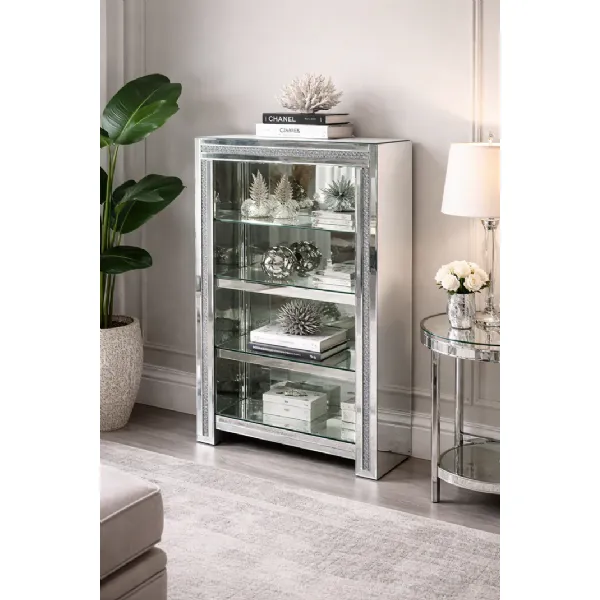 Mirrored Crushed Diamond Display Bookcase with Glass Shelves