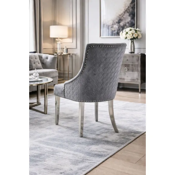 Modern Dark Grey Velvet Upholstered Dining Chair Chrome Legs