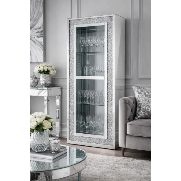 Mirrored High Display Bookcase with Crushed Crystal Frame and Glass Shelves