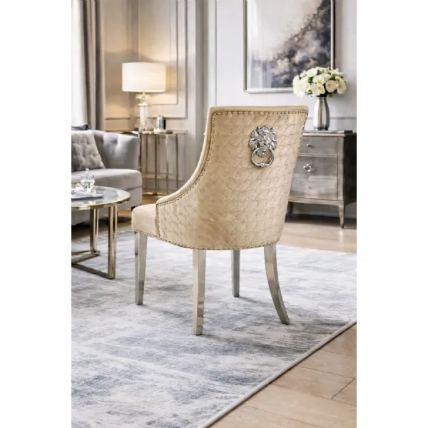 Modern Mink Velvet Upholstered Dining Chair with Lion Knocker
