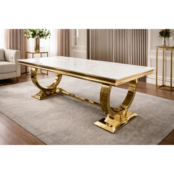Modern Large Rectangular 2m White Marble Gold Dining Table