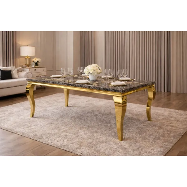Modern Large Rectangular 2m Black Marble Effect Gold Dining Table