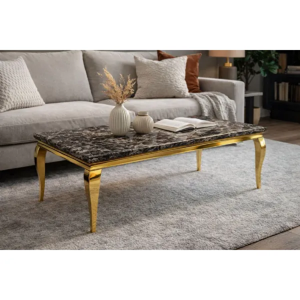 Modern Medium Rectangular Black Marble Effect Gold Coffee Table