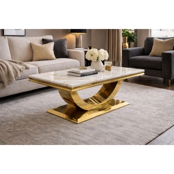 Modern Small Rectangular White Marble Effect Gold Coffee Table