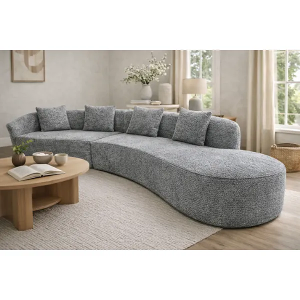 Modern Grey Boucle Fabric Right Hand 5 Seater Sofa with Curved Design