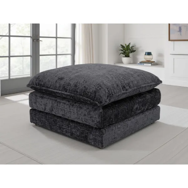 Black Chenille Fabric Square Footstool Multi Layered