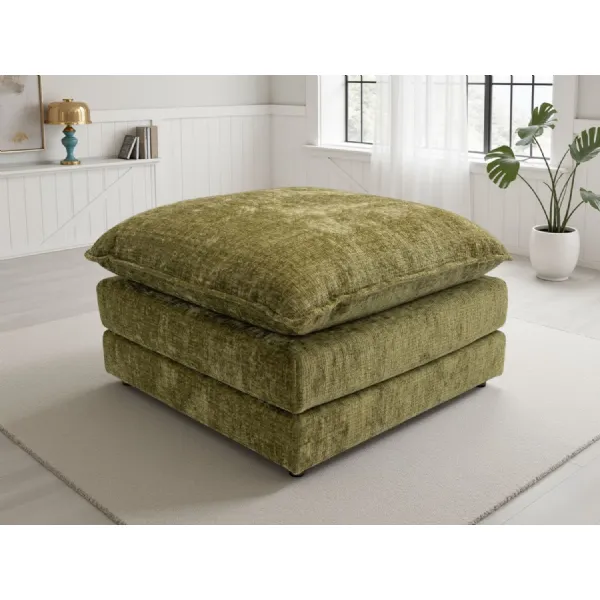 Green Chenille Fabric Square Footstool Multi Layered
