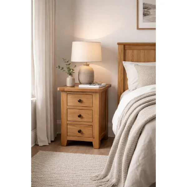 Rustic Oak 3 Drawer Bedside Table with Storage