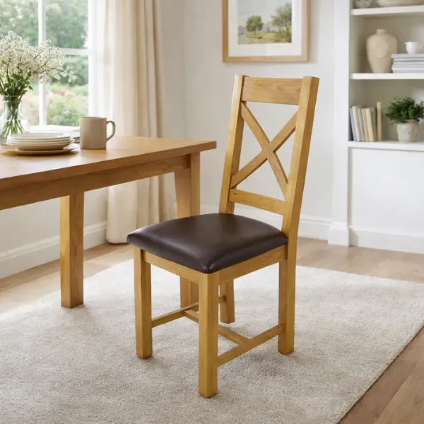 Natural Oak Cross Back Dining Chair with Dark Brown Padded Seat