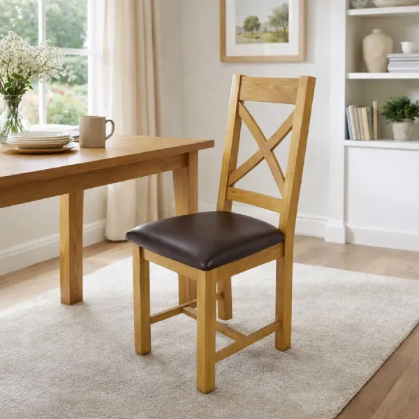 Traditional Oak Cross Back Dining Chair Dark Brown Seat
