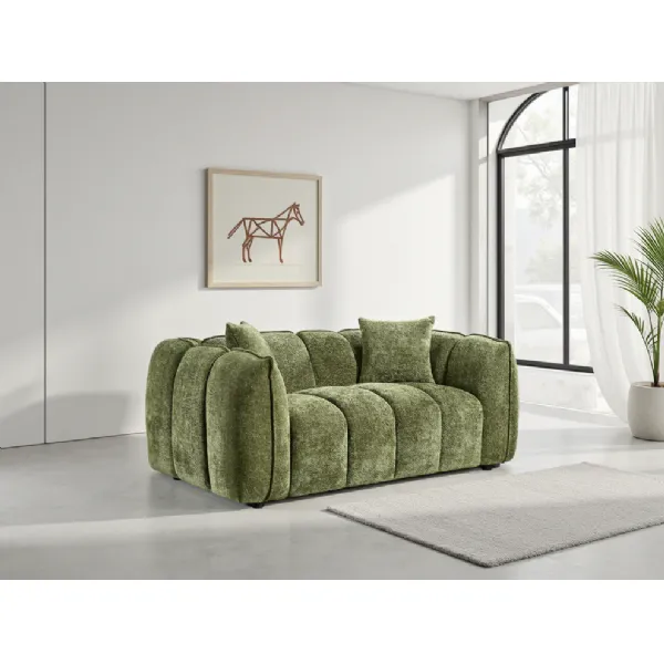 Olive Green Fabric Channel Tufted Design 2 Seater Sofa