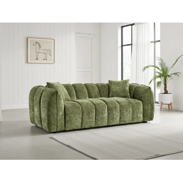 Olive Green Fabric Channel Tufted Design 3 Seater Sofa